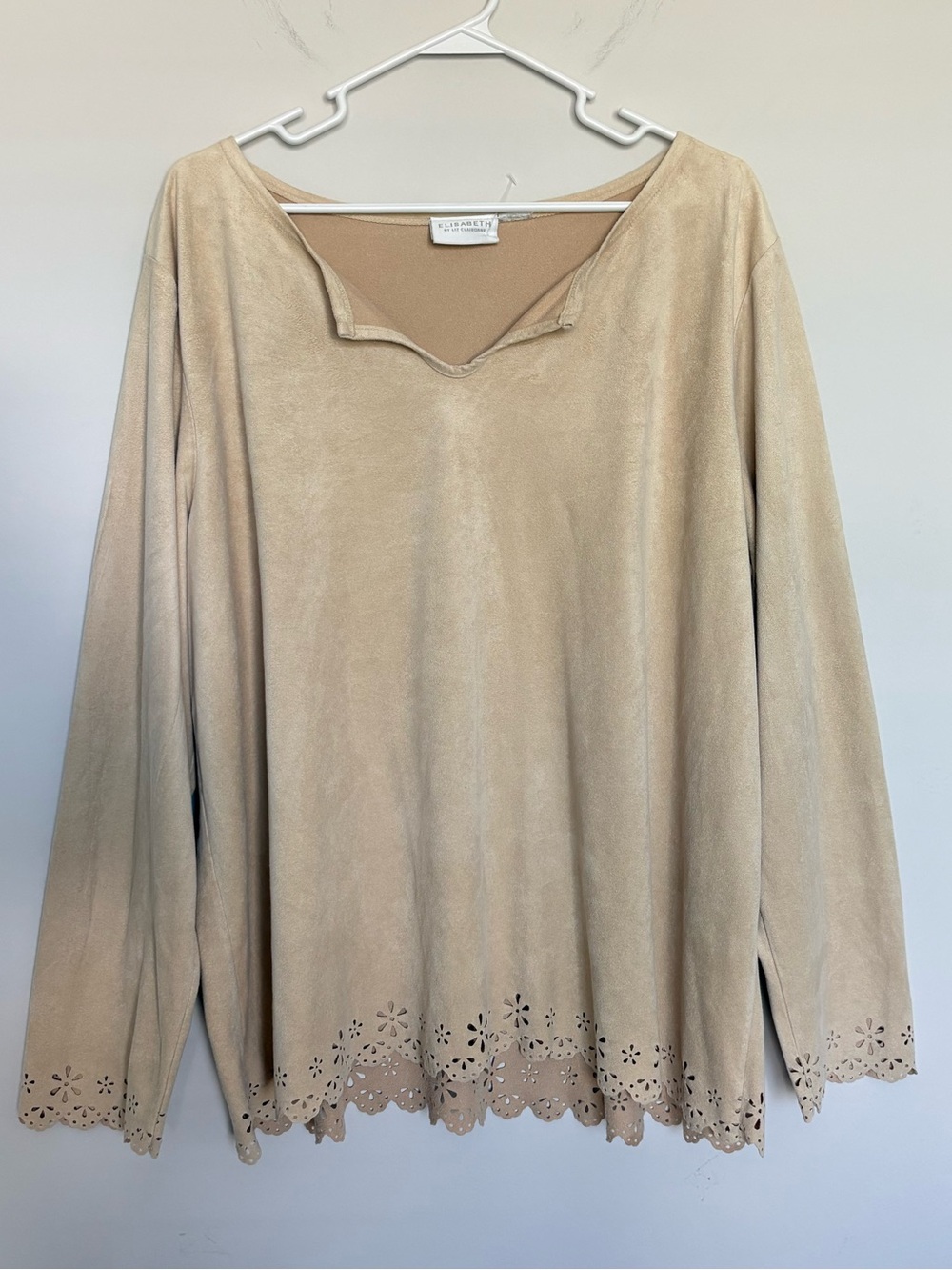 Elisabeth Liz Claiborne Top Womens Brown Faux Suede Laser Eyelet Scalloped